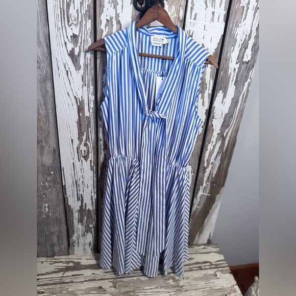 Molly Bracken Lydia Mini Dress Blue Whitee Stripe with Tie/ Bow Size Medium NWT - Picture 3 of 11